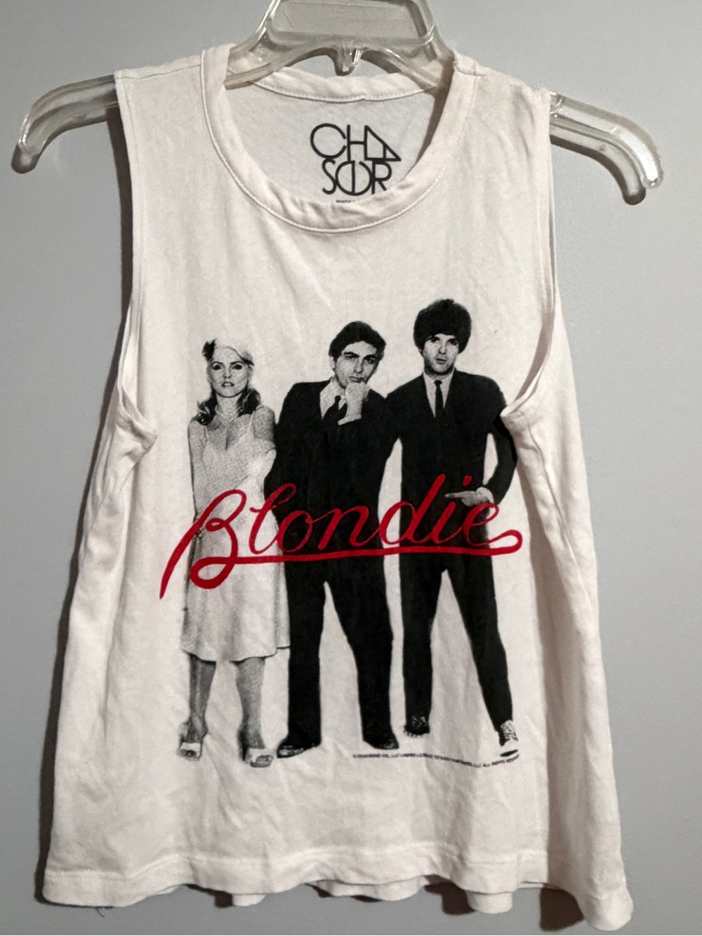 Chaser White Blondie Graphic Muscle Tee with Red Script- Small